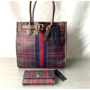 Tommy Hilfiger VTG Y2K Preppy Clueless NS Tote & Wallet Set‎ Navy Plaid Academia